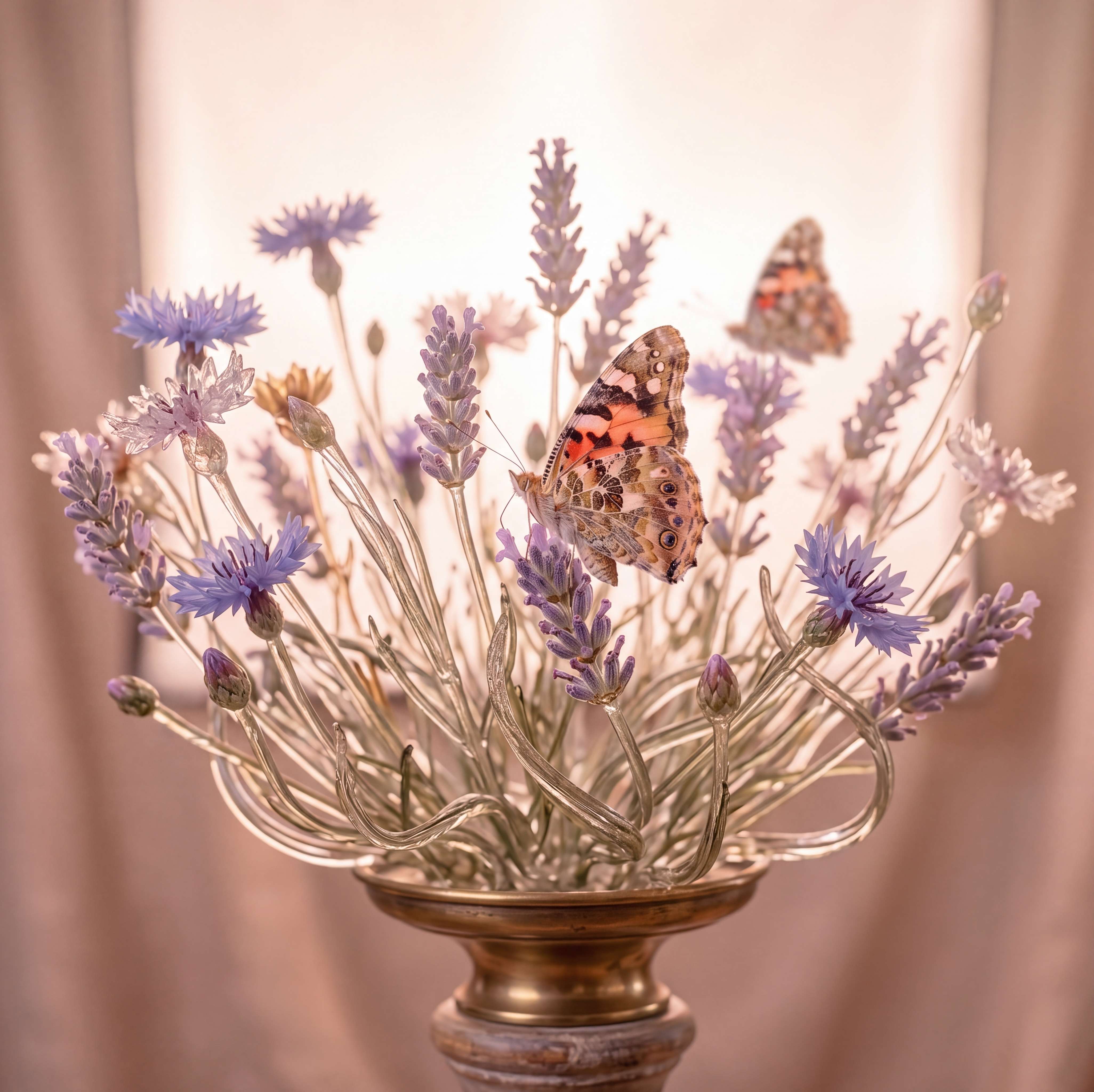A painted-lady butterfly resting on lavender and cornflowers in a brass urn, with a second butterfly drifting in the warm backlit air.